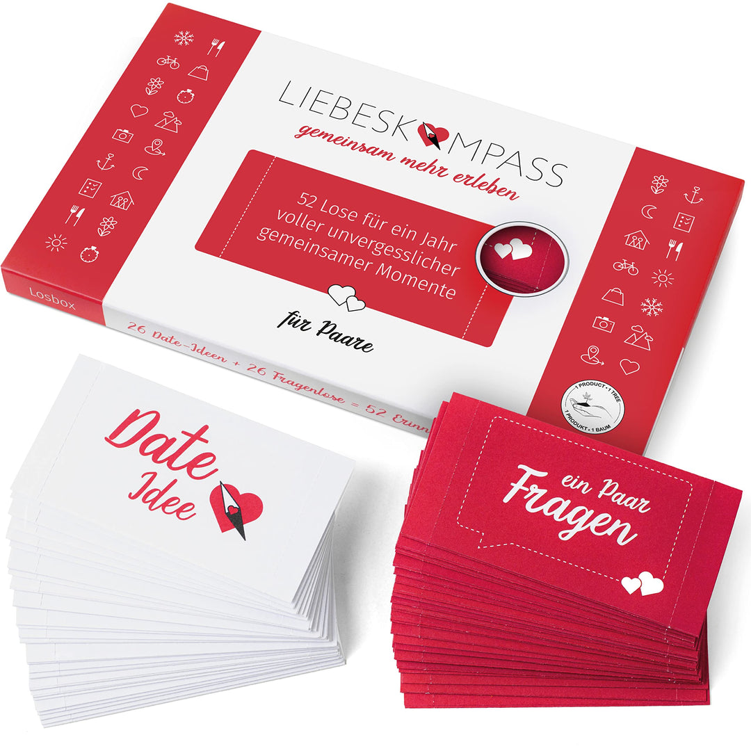 Liebeskompass Losbox Lose für Paare mit 52 Date Ideen & Fragen - Partner Geschenk für besondere Mome