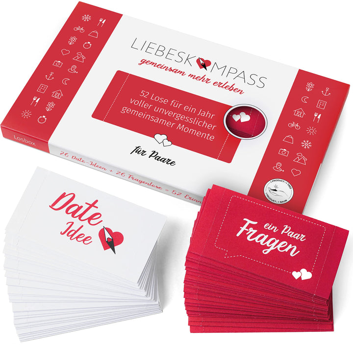 Liebeskompass Losbox Lose für Paare mit 52 Date Ideen & Fragen - Partner Geschenk für besondere Mome