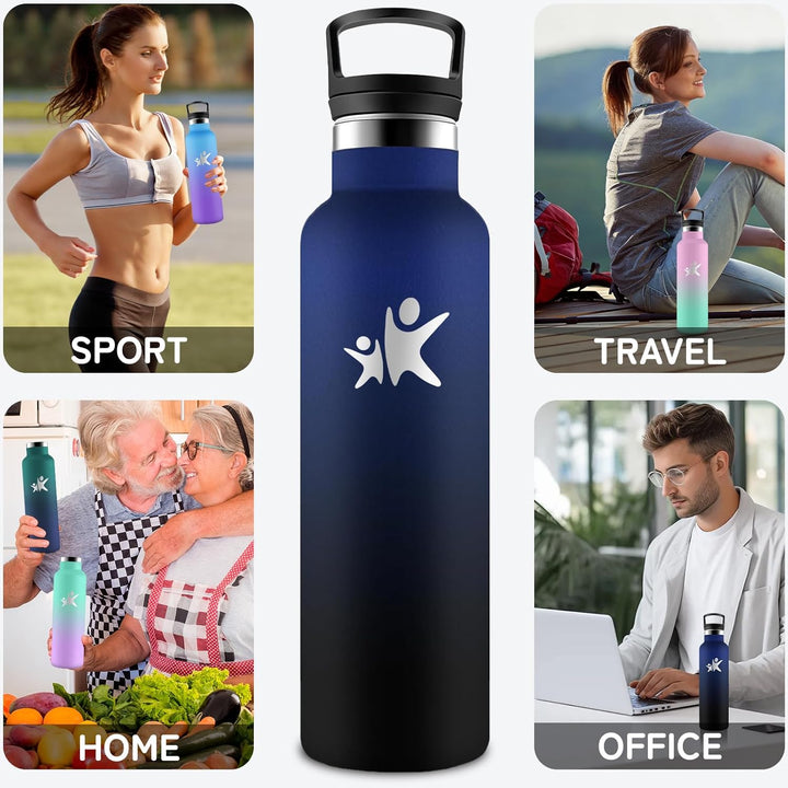 Edelstahl Trinkflasche, Sport Trinkflasche 1 liter, Thermosflasche Mit 2 Deckeln, Doppelwandige Vaku