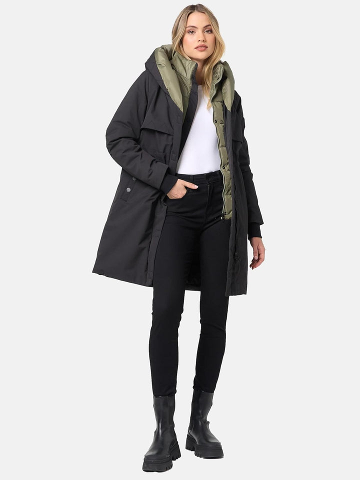 Navahoo Damen Mantel Lange warme Winter Steppjacke mit Kapuze und magnetischen Elementen Snowelf XS-