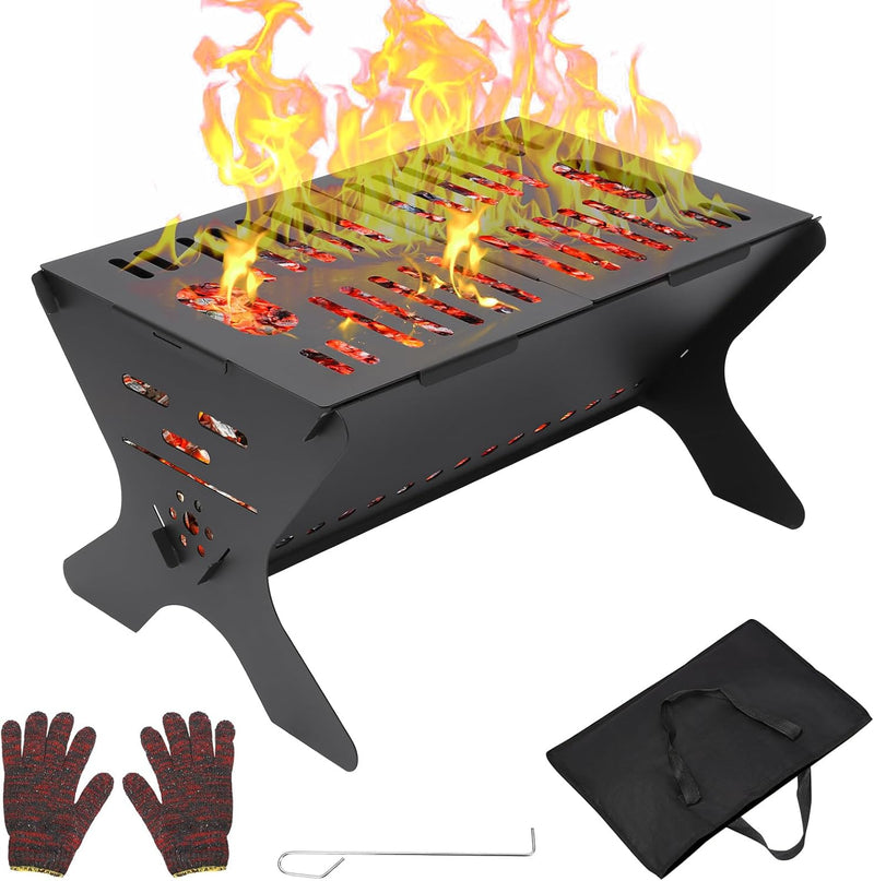 GFTIME 3-in-1 tragbare Feuerstelle, Campinggrill, klappbarer Holzkohlegrill - 46 x 32cm Klappgrill f