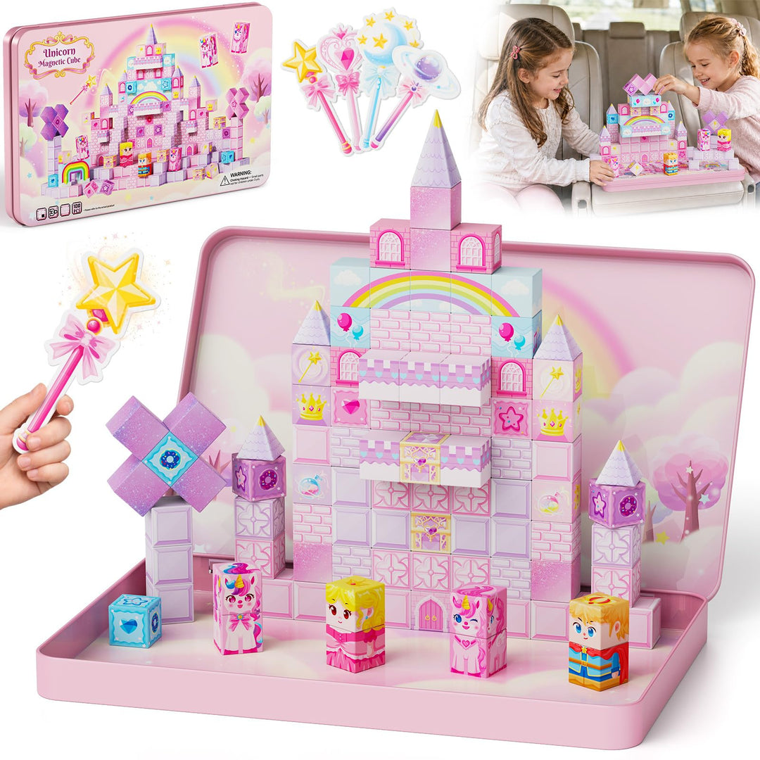 burgkidz Magnetische Bausteine Einhorn Reiseset: 100 Teile für Mädchen | Magnetspielzeug mit Metalld