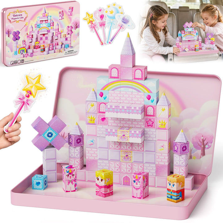 burgkidz Magnetische Bausteine Einhorn Reiseset: 100 Teile für Mädchen | Magnetspielzeug mit Metalld
