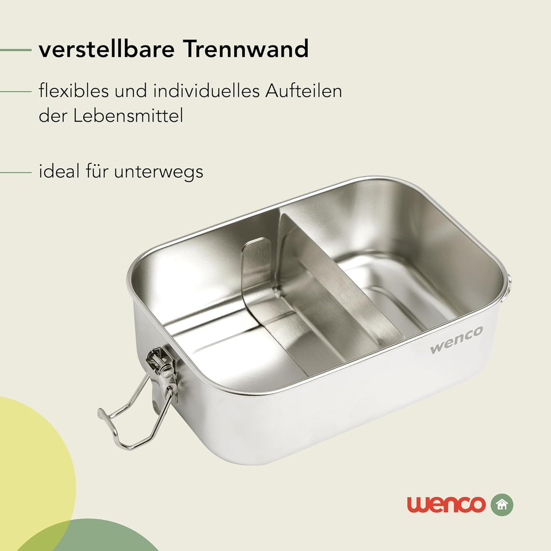 wenco Lunchbox Edelstahl Gross mit 1100ml Füllmenge – Brotdose mit Fächern, Entfernbare Trennwand un