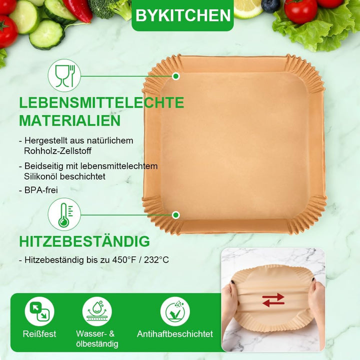 BYKITCHEN 200 Stück Backpapier Airfryer für 8L-12L Heissluftfritteuse, 25cm, Antihaft Eckig Hitzebes
