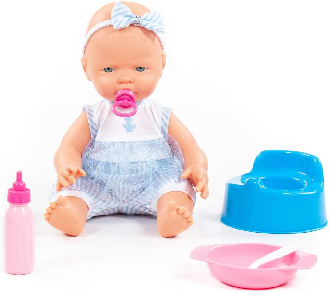 Baby Puppe 35 cm m. Schnuller Töpfchen u. Fütter-Set 3-TLG. Kinder Spielzeug +3J