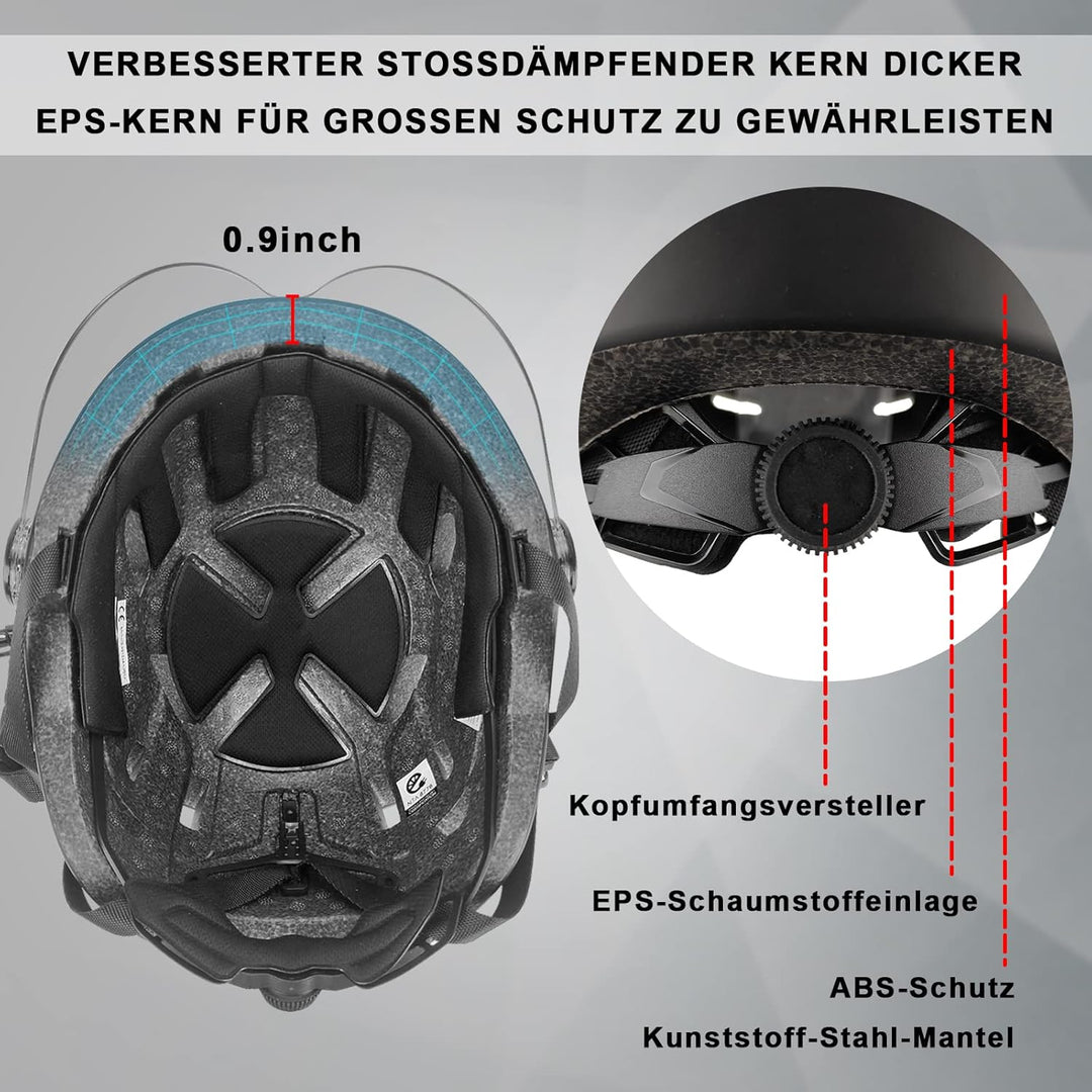 Fahrradhelm Herren, Damen Helm mit Magnetischem Visier Abnehmbarer Sonnenschutzkappe und Grössenvers
