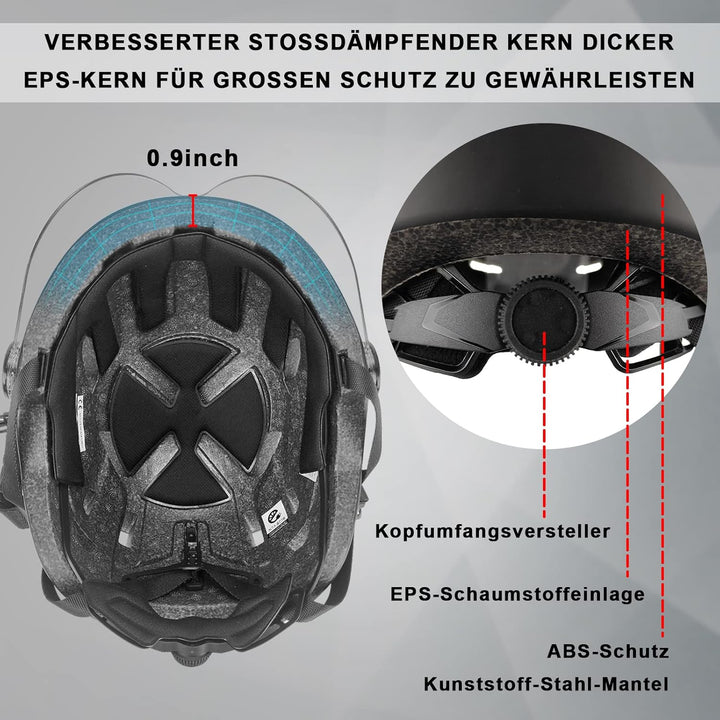 Fahrradhelm Herren, Damen Helm mit Magnetischem Visier Abnehmbarer Sonnenschutzkappe und Grössenvers