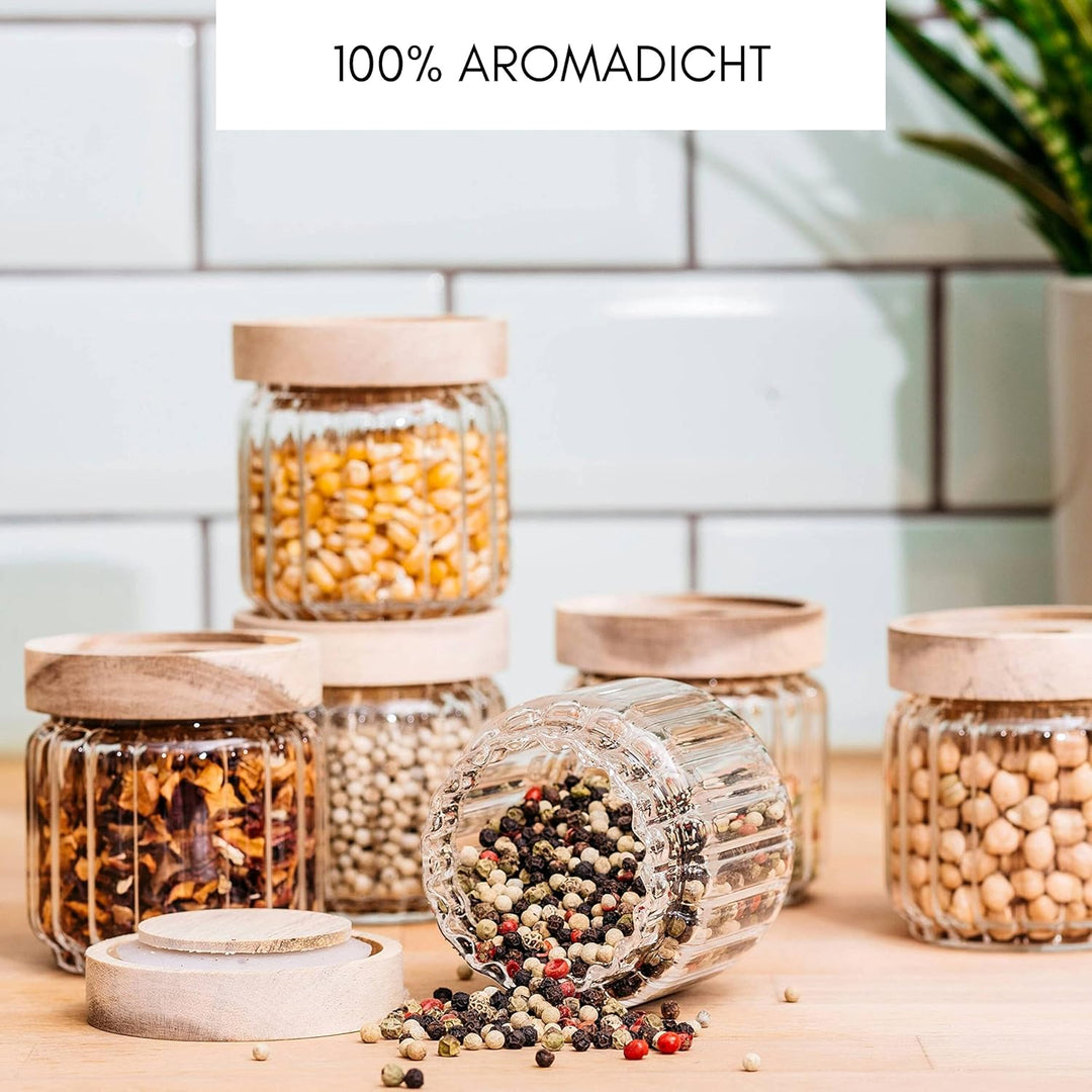 Econovo® Gewürzgläser geriffelt (150ml | 6-tlg.), stapelbar und luftdicht, Gewürzgläser Set mit Deck