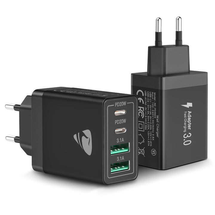 2-Pack USB C Ladegerät, 4-Port Adapter Mehrfach mit USB-C und USB-A, 40W Schnellladegerät PD 3.0 Cha