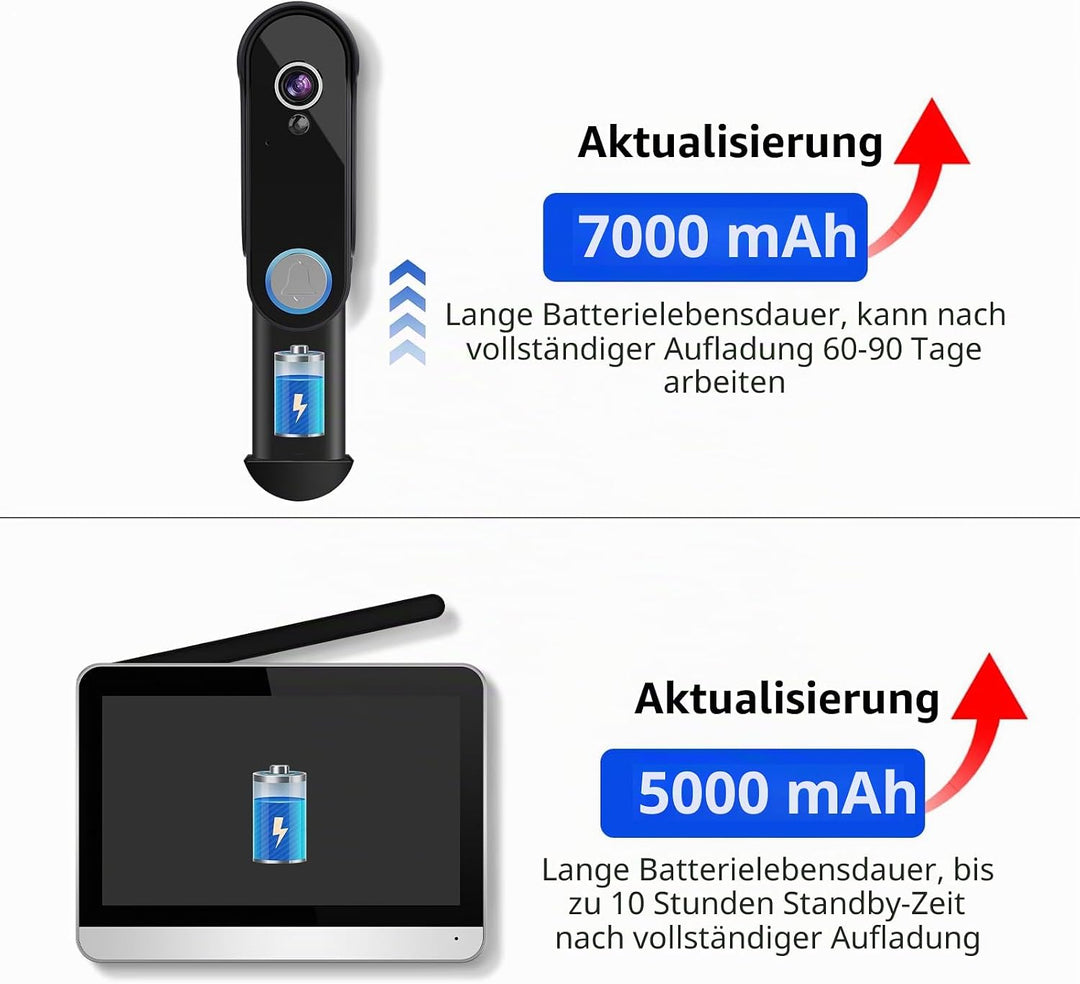 Drahtlose Türglocke Kamera mit 7" Bildschirmmonitor Smart Video Tür Telefon Intercom System 1080P Wi