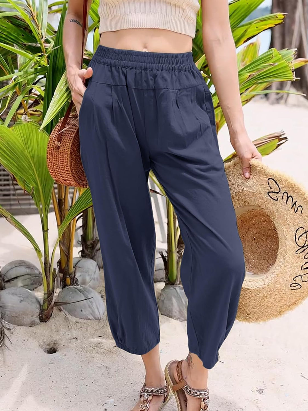 Les umes Damen Baumwolle Capri Casual Hose Elastische Taille Sommer Hose Haremhose mit Navy Blau M,