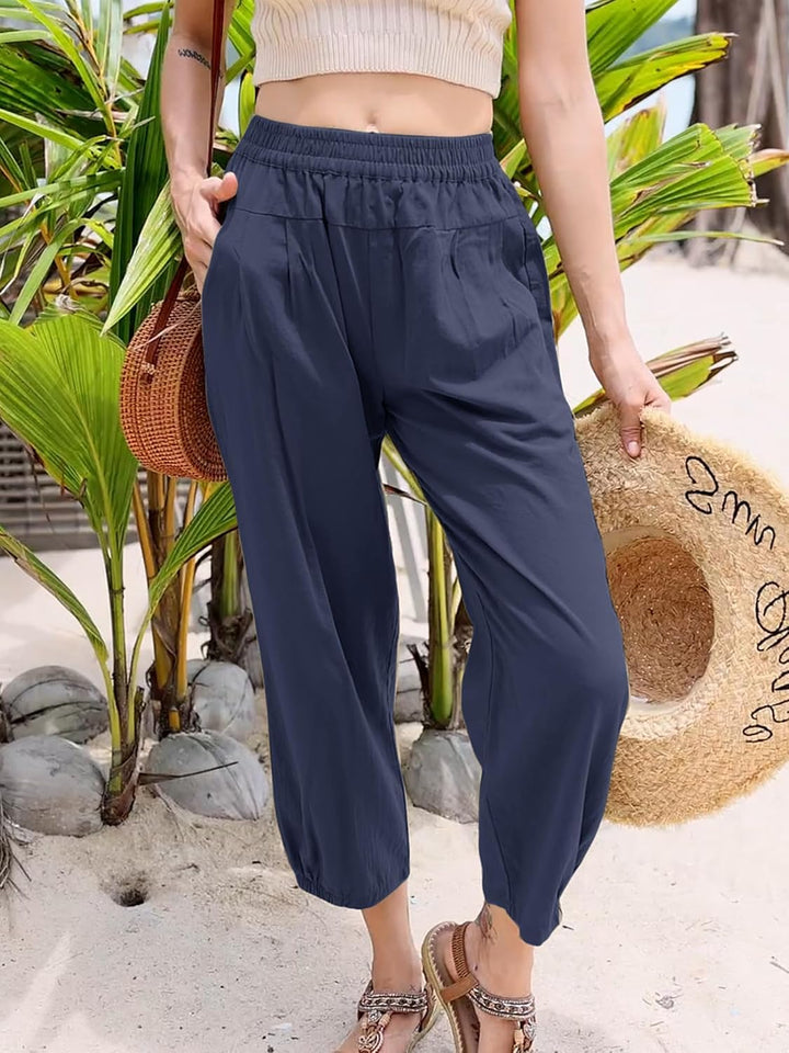 Les umes Damen Baumwolle Capri Casual Hose Elastische Taille Sommer Hose Haremhose mit Navy Blau M,