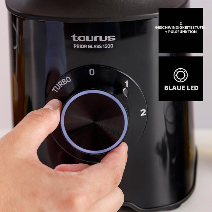 Taurus - Batidora de Vaso Prior Glass 1500W | 2 Velocidades + TURBO | Cuchillas 4 Filos Extraíbles |