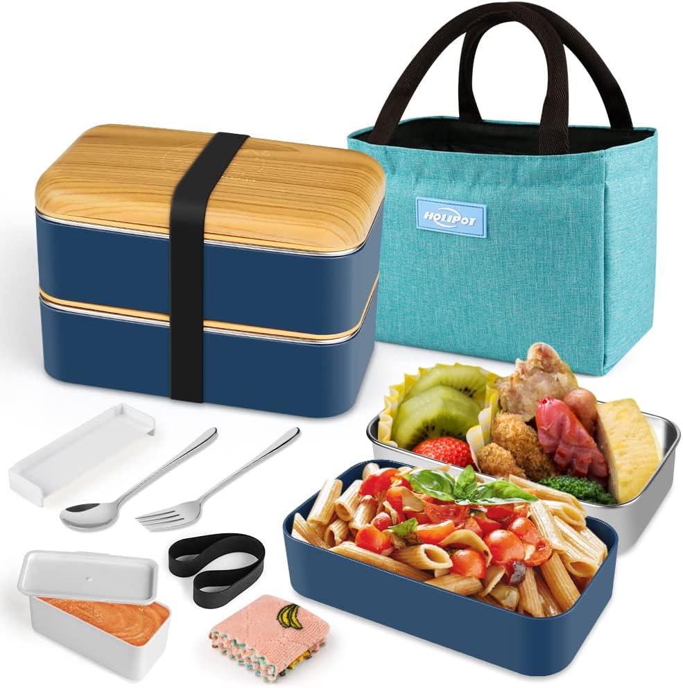 Bento Box, Lunchbox Brotdose mit Fächern 2 Ebenen mit 2 Stück Umweltfreundlichen PP & Edelstahlbehäl