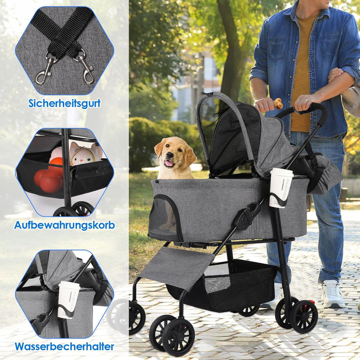 MAMIZO Hundewagen 3 in1,Hundebuggy Bis 30kg,4 Paar 360°Doppelräder,Hunde Wagen mit einer Umhängetasc