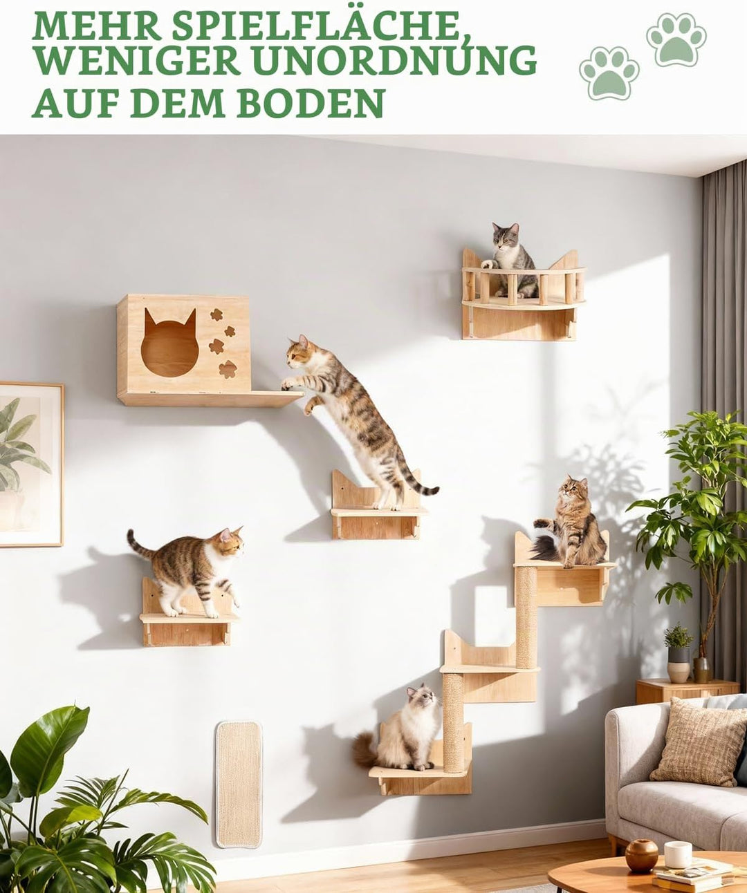 Kletterwand Katzen, 6-teilig Katzen Kletterwand mit Katzenhäusern, bis 15kg | Katzen Wandelemente mi