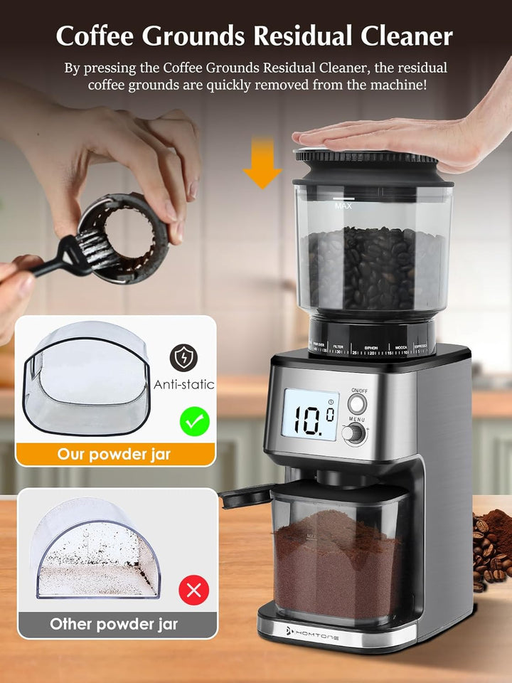 Homtone Elektrische Kaffeemühle für Siebträger und Behälter, 51 einstellbare Mahlgrade, Automatische