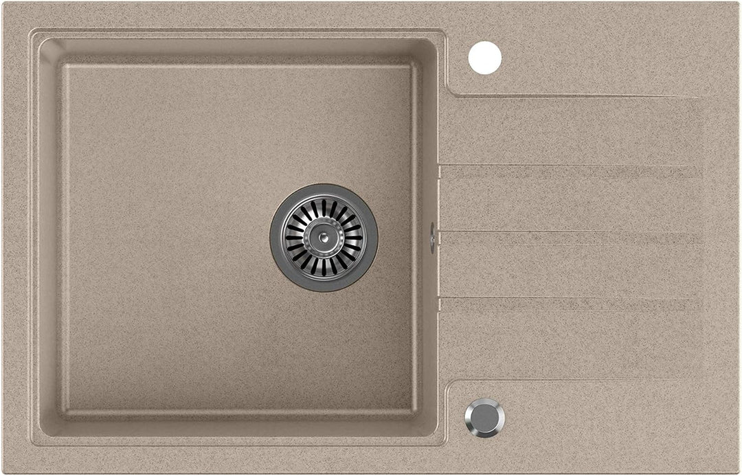 VBChome Spüle mit Armatur 78 x 50 cm Tiefes Becken 20cm Beige Küche Grosse Abtropfflache Einbauspüle