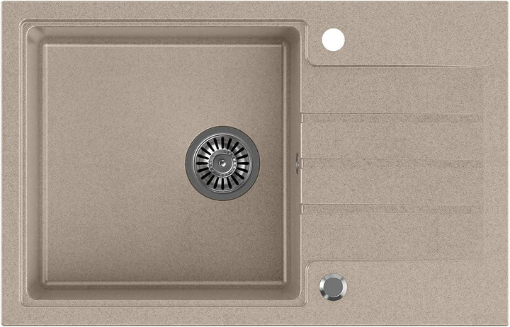 VBChome Spüle mit Armatur 78 x 50 cm Tiefes Becken 20cm Beige Küche Grosse Abtropfflache Einbauspüle