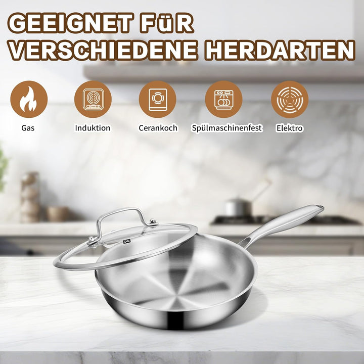 Edelstahl Bratpfanne 24cm mit Deckel, Edelstahl Pfanne unbeschichtet, 3-lagige Edelstahlpfanne induk