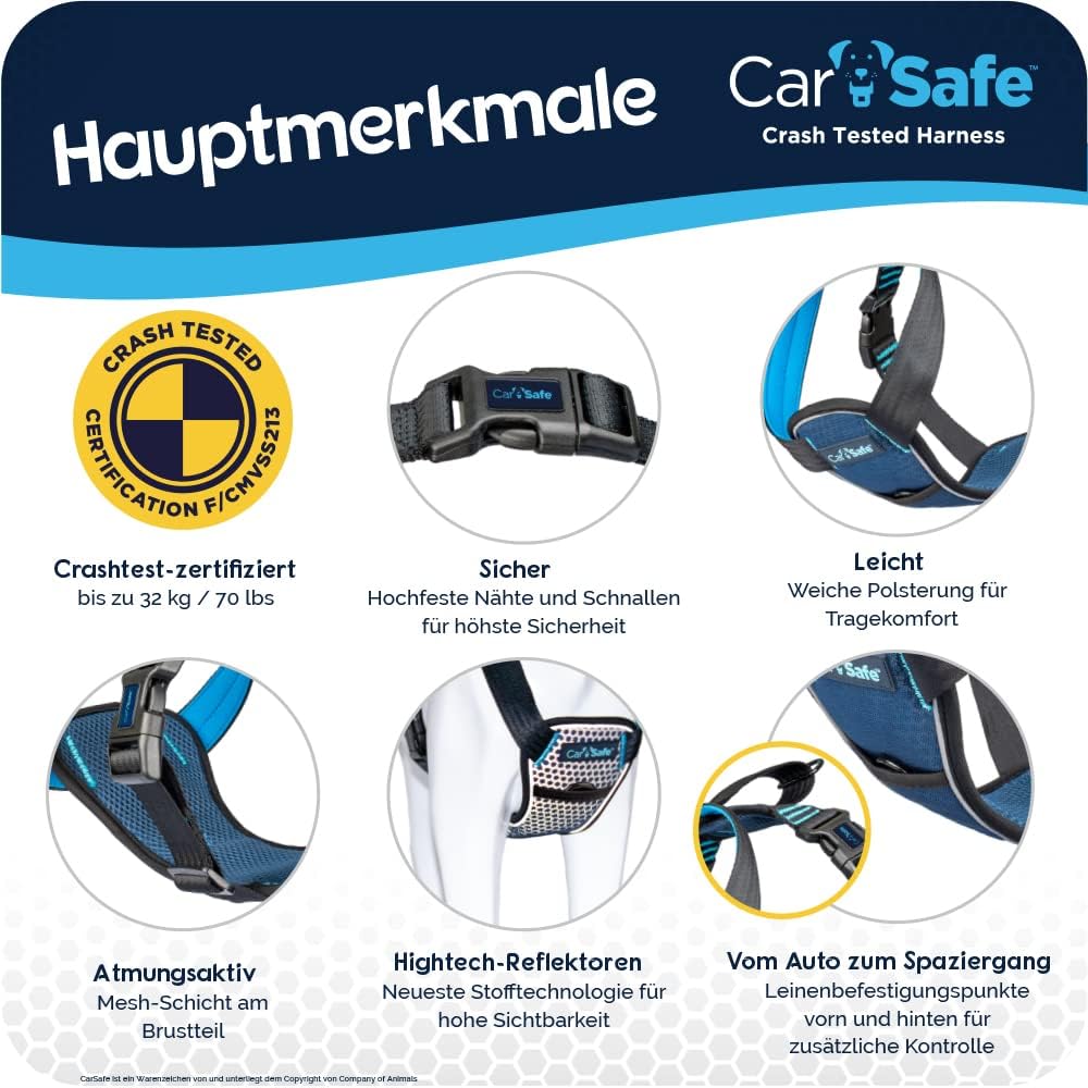 CarSafe Crash-getestetes Hunde Sicherheitsgeschirr, Crashtest-geprüft bis zu 32 kg / 70 lbs, sichert
