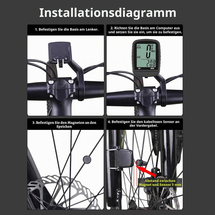Fahrradcomputer Kabellos, 24 Funktionen Fahrradtacho Auto Schlaf Aufwachen Hintergrundbeleuchtung Re