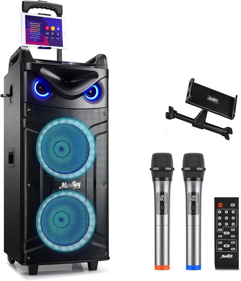 Moukey Karaoke Anlage, Doppelter Woofer PA Anlage mit 2 drahtlosen Mikrofonen, Disco Lichter, Blueto