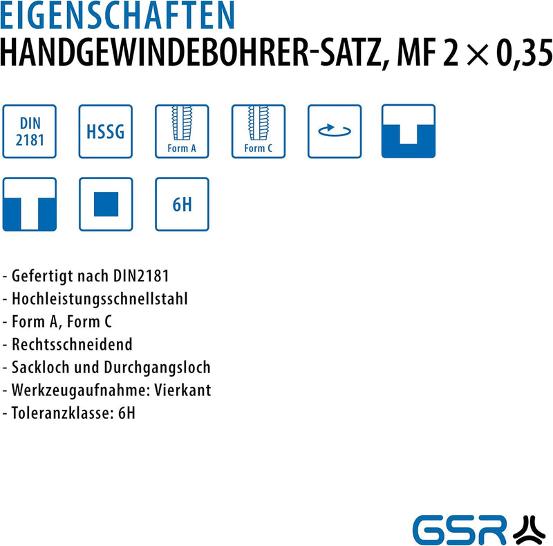 GSR Gewindebohrer|Vor- und Fertigschneider|MF 2 x 0,35|2-tlg.|Gewindeschneider|HandgewindebohrerSatz