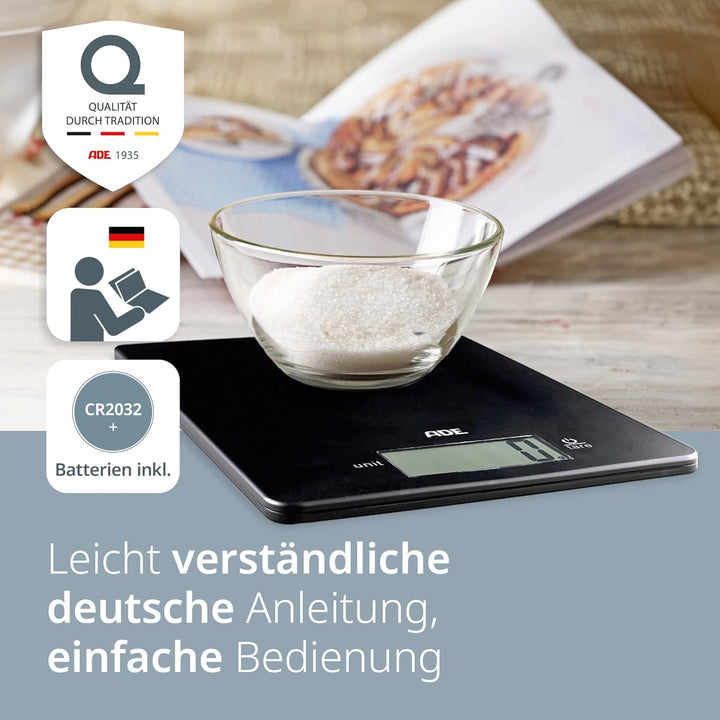 ADE Digitale Küchenwaage mit 5 kg Tragkraft | präzise Grammwaage | grosses Display | extra flacher K