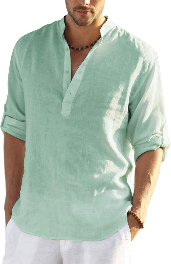 COOFANDY Herren Hemd Langarm Henley Shirt Leinenhemd Baumwolle Casual Regular Fit Sommerhemd L Grün,