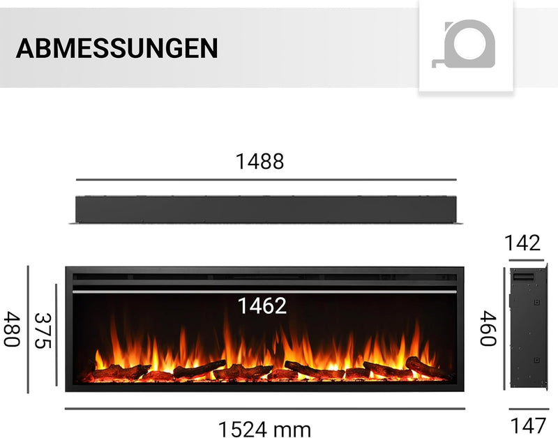 CrownFlame Atalanta 60" Elektrokamin - Elektrischer Einbaukamin mit Heizung 1000/2000 W, realistisch