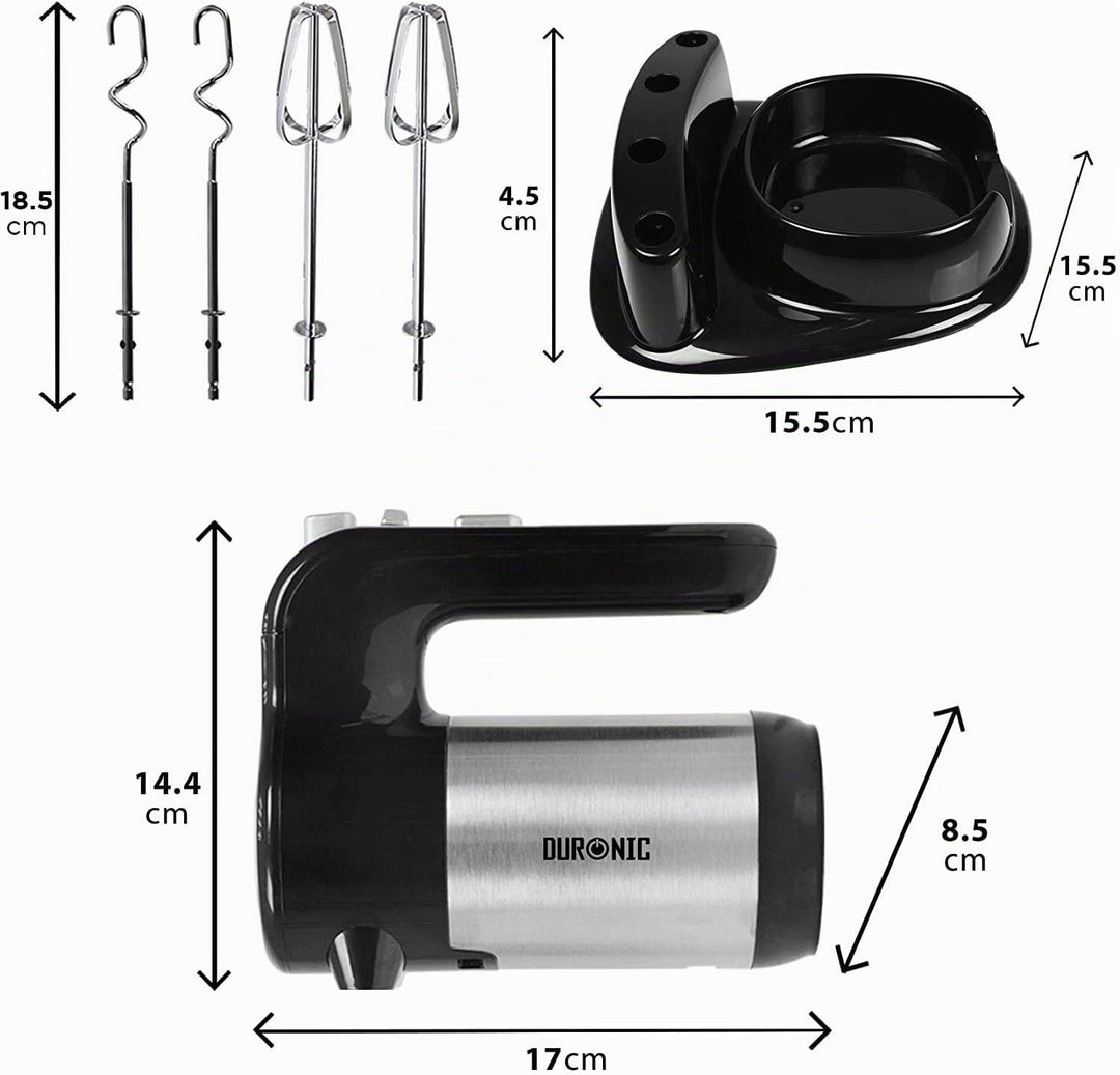 Duronic HM3 elektrischer Handmixer 300W, Handrührgerät mit Basis, Rührgerät 2 Rührbesen 2 Knethaken,