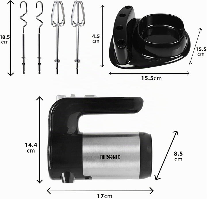Duronic HM3 elektrischer Handmixer 300W, Handrührgerät mit Basis, Rührgerät 2 Rührbesen 2 Knethaken,