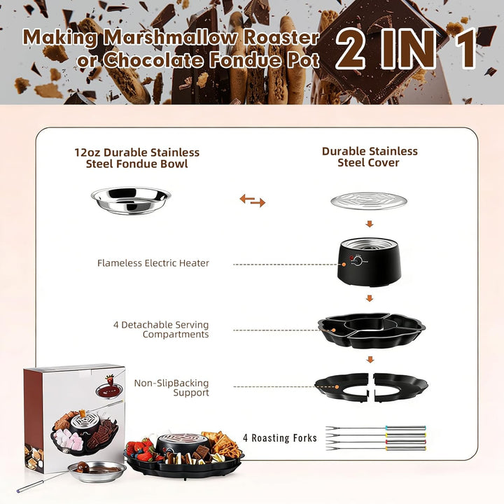 Schokoladenfondue, 2-in-1 Schokofondue Elektrisch & S’mores-Maker, Tischgerät für Innen mit 4 Röster