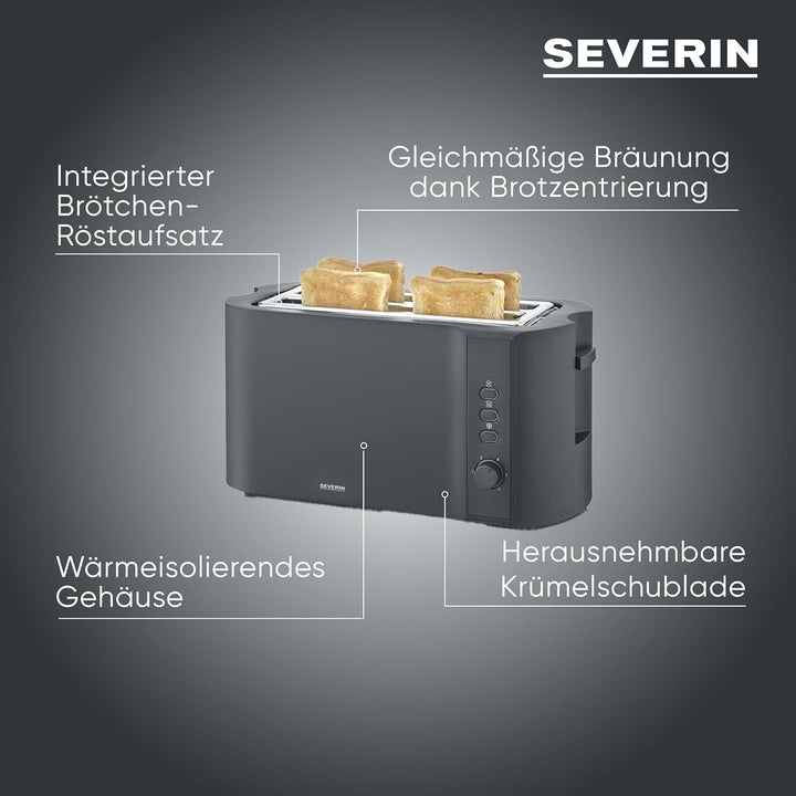 Severin Toaster Langschlitz, 4 Scheiben mit integrierten Brötchenaufsatz, 2 Langschlitz-Röstschachte