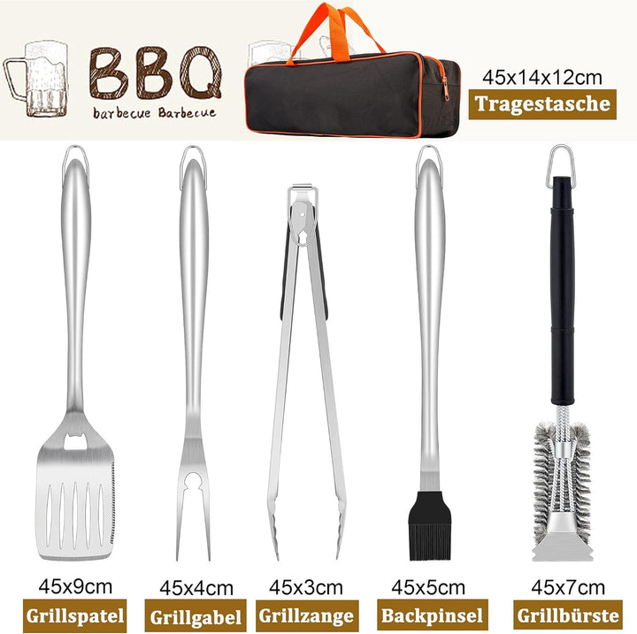 Herogo Grillbesteck Set, 6-teilig Edelstahl Grill Zubehör mit Tragetasche, Grillwerkzeug-Set mit Zan