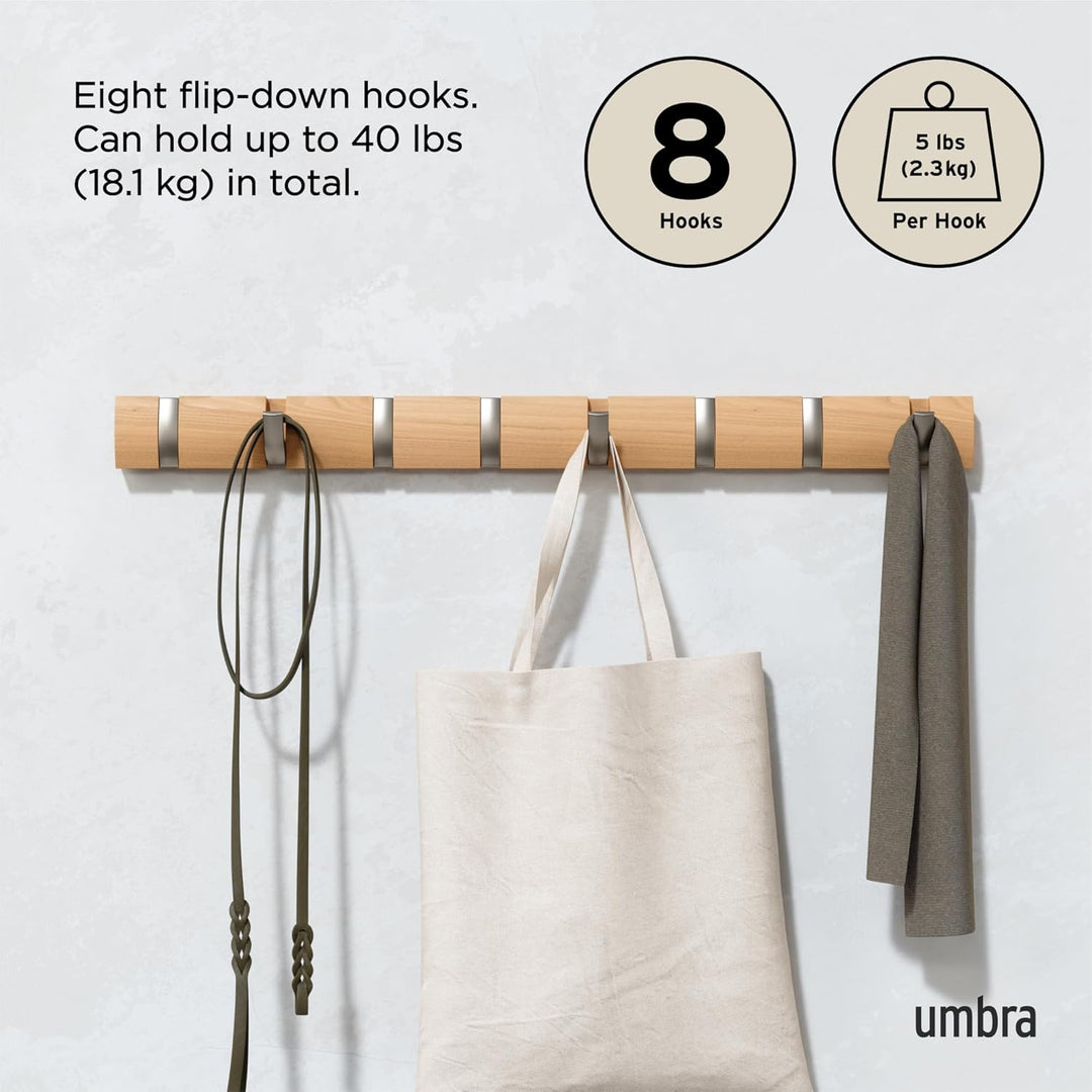 Umbra Flip 8 Garderobenhaken – Moderne, Schlichte und Platzsparende Garderobenleiste mit 8 Beweglich
