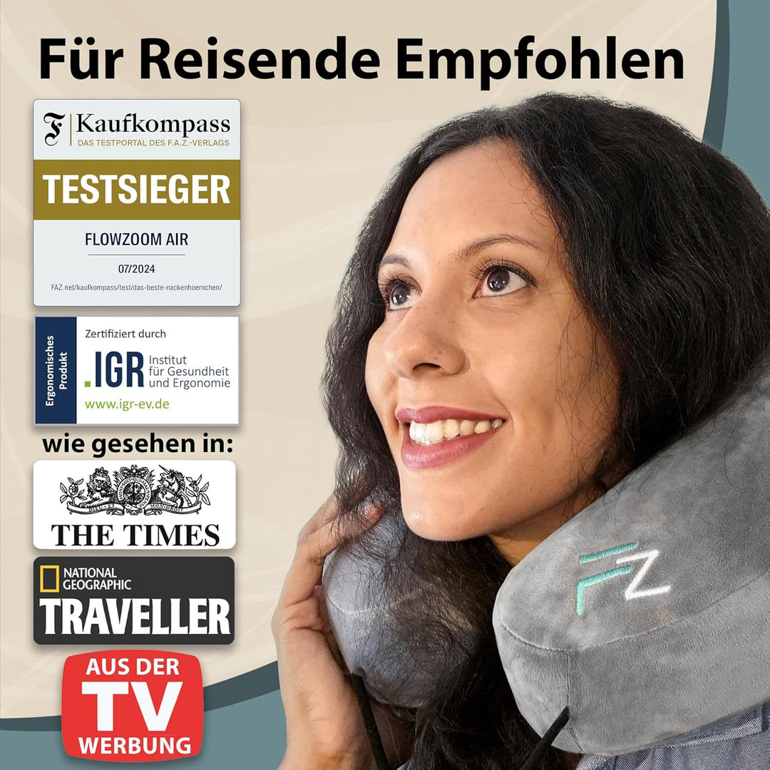 Nackenkissen aufblasbar von FLOWZOOM - aufblasbares Nackenhörnchen für Reisen in Flugzeug, Auto, Zug