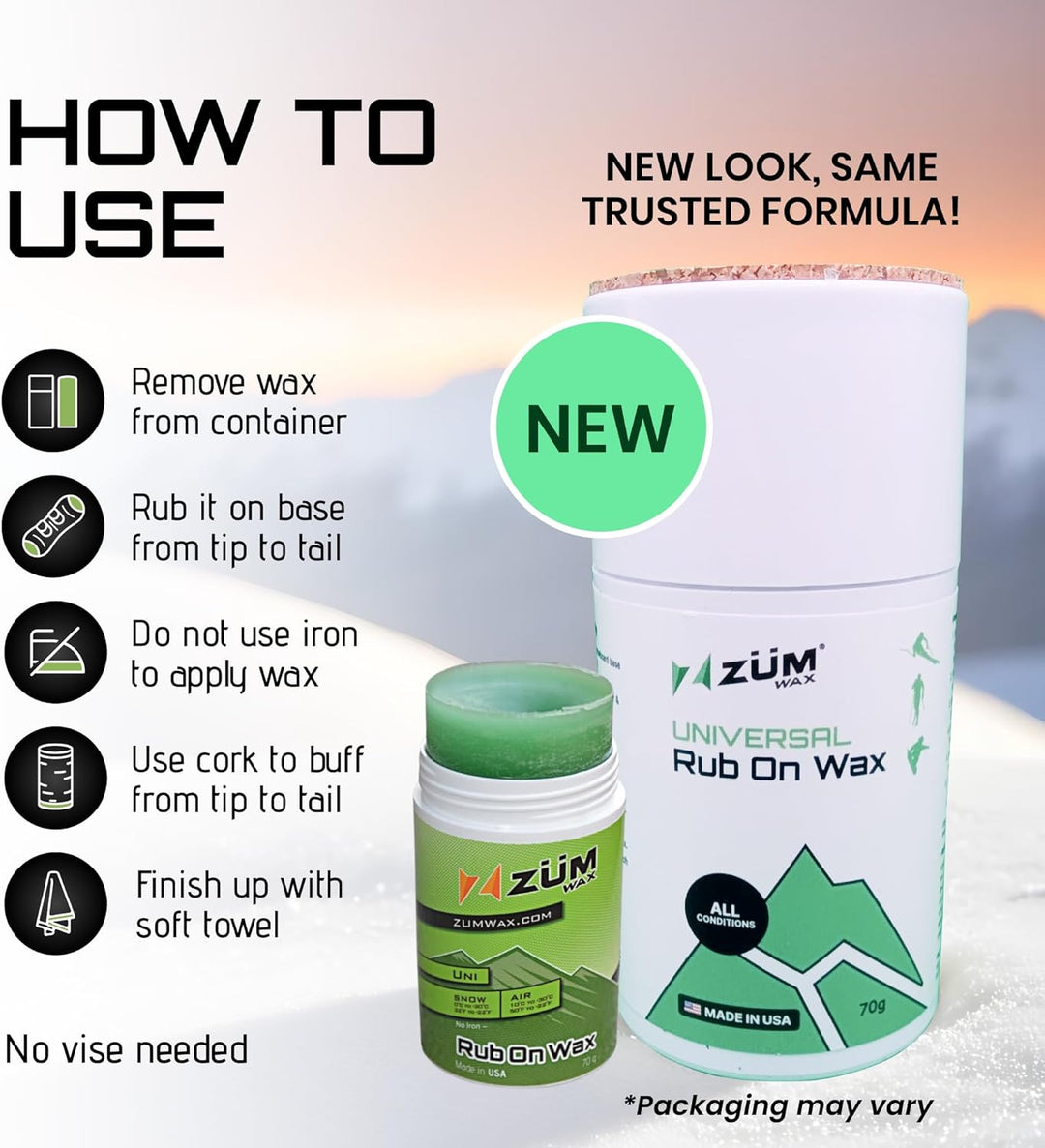 ZUMWax RUB ON Wax Ski/Snowboard - All Temperature Universal - 70 Gram - Incredibly Fast in All Tempe