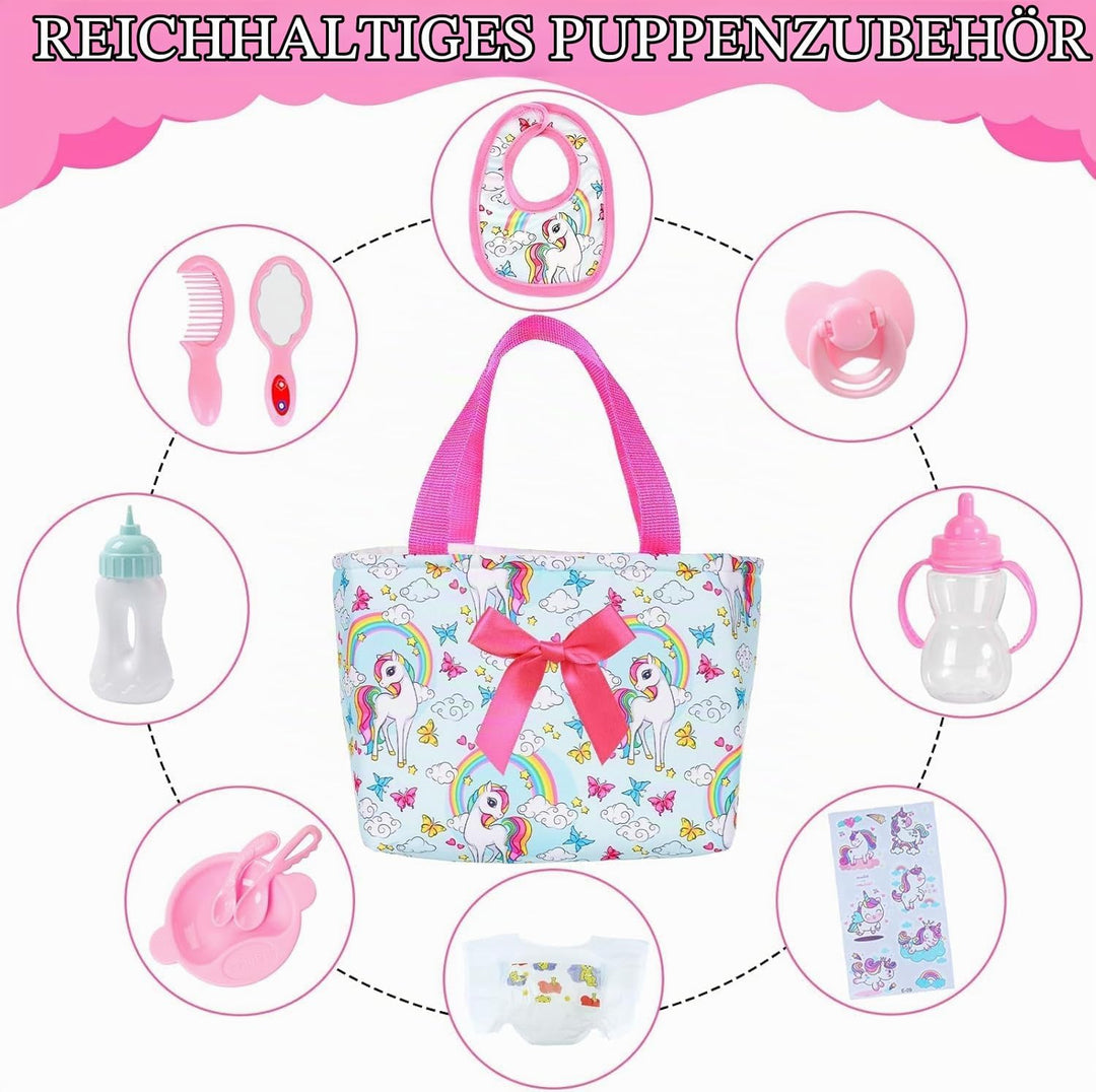 Babypuppe Zubehör Set – 13-teilig mit Puppenwickeltasche Kleid Kamm Spiegel Windel Lätzchen Aufklebe
