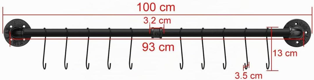 Toplife Küchen Hängeleiste für Küchenutensilien, 100 cm industrieller Stil mit 16 Haken, Hakenleiste