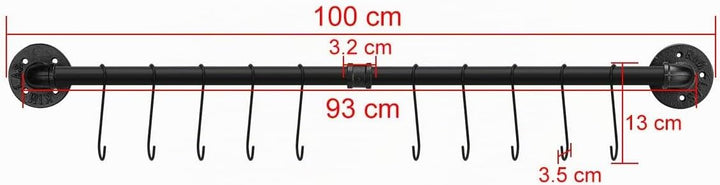 Toplife Küchen Hängeleiste für Küchenutensilien, 100 cm industrieller Stil mit 16 Haken, Hakenleiste