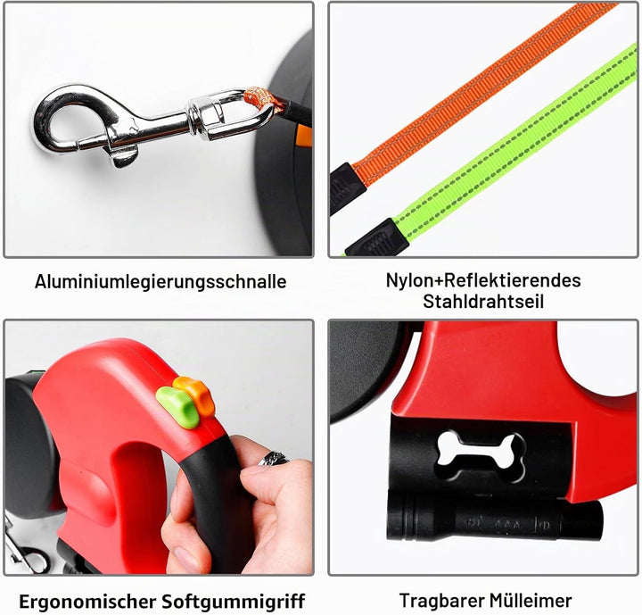 Doppelleine für 2 Hunde - 3 Meter, Einziehbare und Ausziehbare Hundeleine mit Lichtfunktion, Ergonom