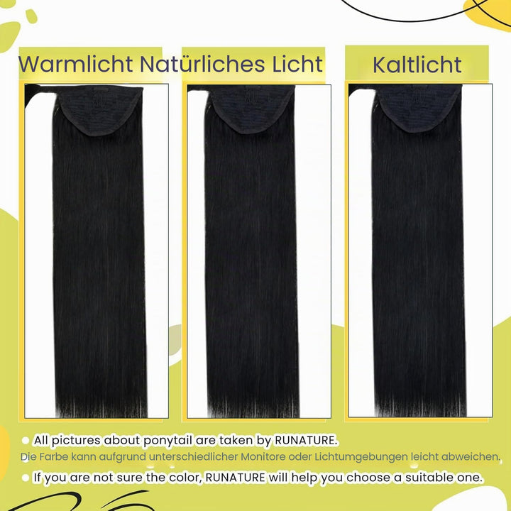 RUNATURE Echthaar Zopf Schwarz 45cm Gerade Echte Haare Ponytail Extensions Echthaar Schwarz Glatt Me