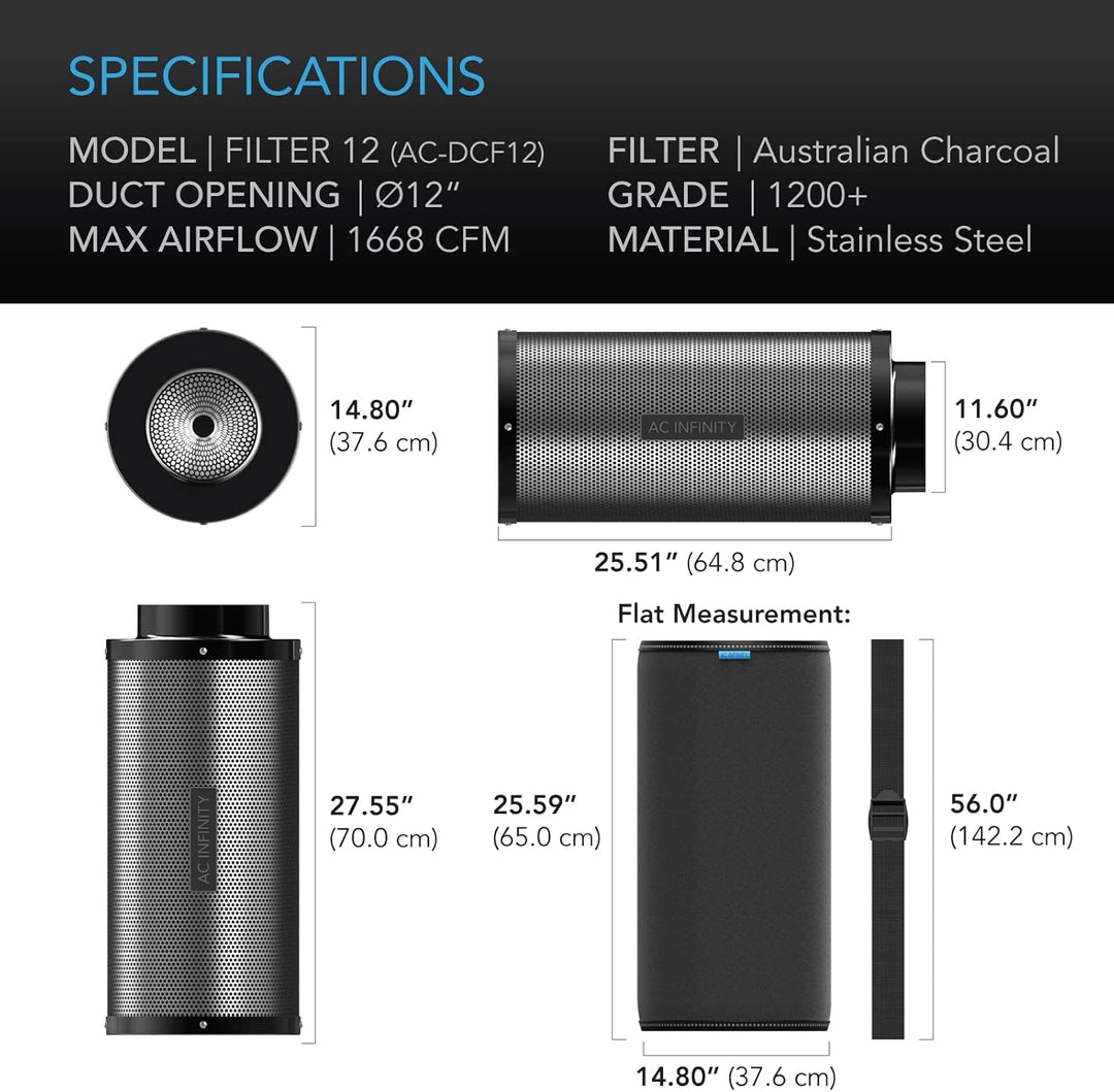 AC Infinity Aktivkohlefilter 300mm mit mit hochwertiger australischer Virgin-Kohle, für Inline-Rohrv
