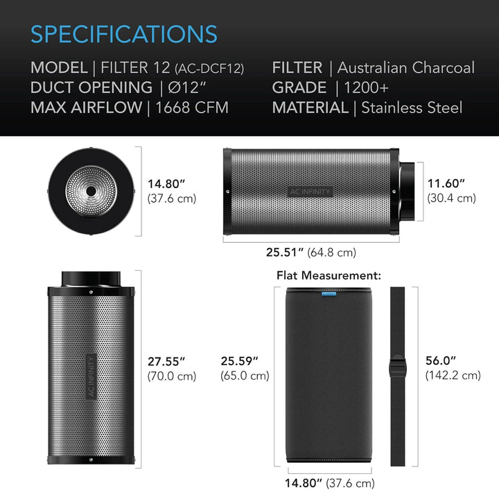 AC Infinity Aktivkohlefilter 300mm mit mit hochwertiger australischer Virgin-Kohle, für Inline-Rohrv