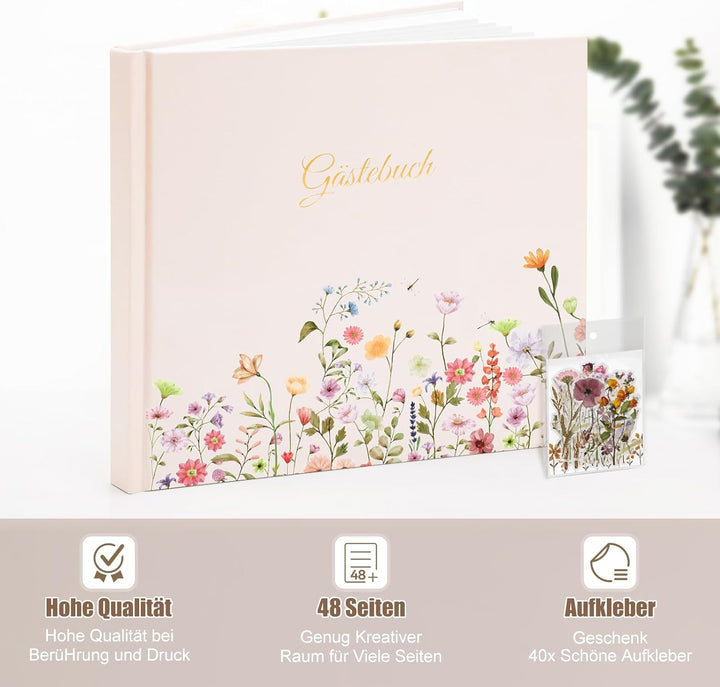 Gästebuch Geburtstag Blanko mit 40 Schöne Aufkleber und 48 Doppelseiten Premium Dickem Papier,Grösse