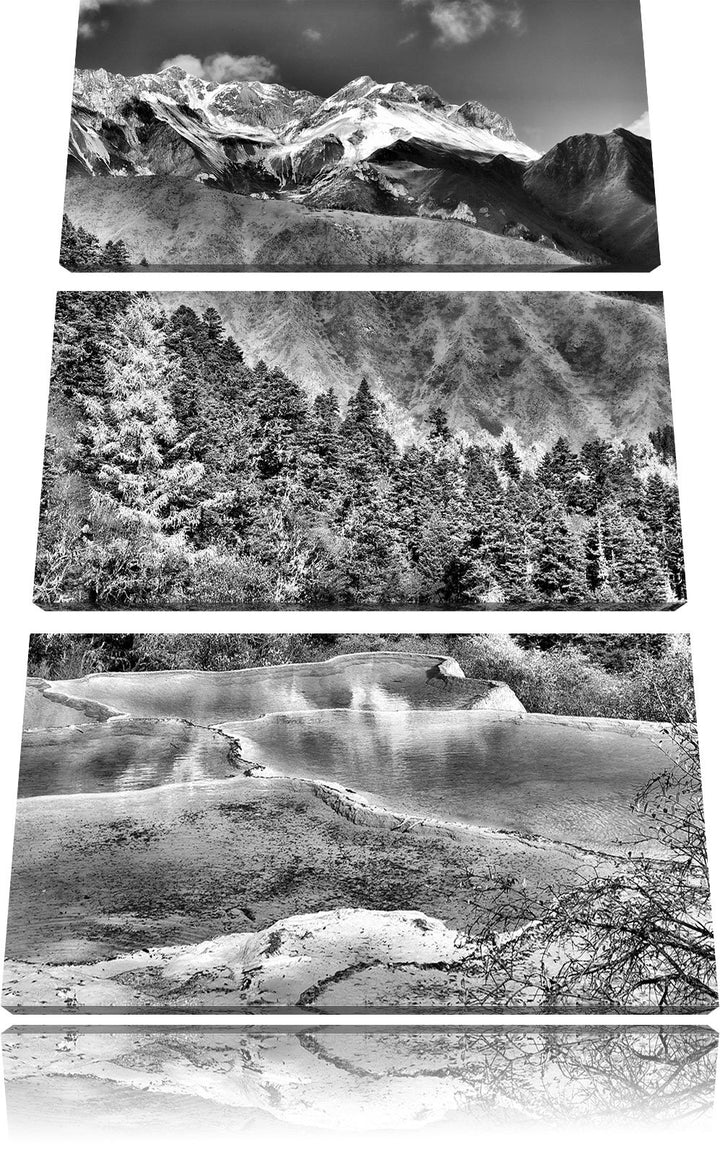 Pixxprint Monocrome, Kalksteinterrassen in Huang Long 3-Teiler Leinwandbild 120x80 Bild auf Leinwand