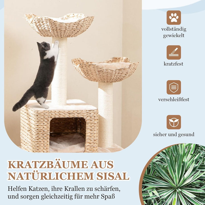 COSTWAY Kratzbaum mit Katzenhöhle, 122 cm, Katzenbaum mit 2 Sitzstangen und Kissen & Höhle aus Rohrk